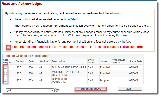 Veterans benefit class selection for certification