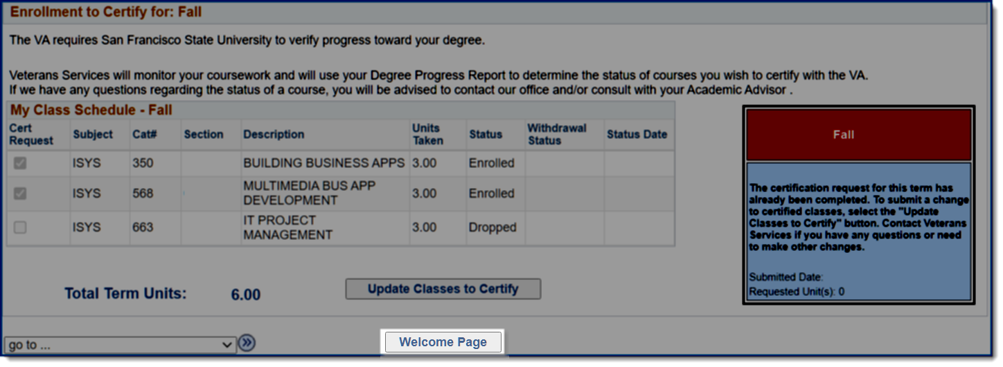 Enrollment verification overview with classes checked and saved